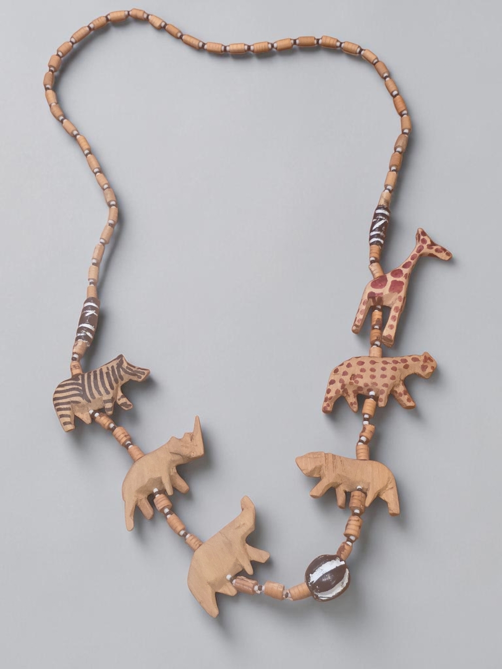 Hand Carved Wood African Safari Animal Beaded Necklace